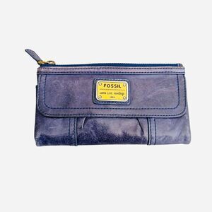 FOSSIL Wallet Black Soft Leather Long Live Vintage 1954 Top Zip Bifold